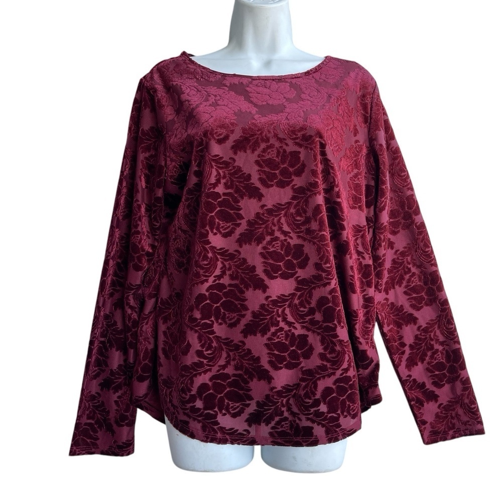 Sundance Delicate Senses Burnout Velvet Top Floral Size L Burgundy Long Sleeve